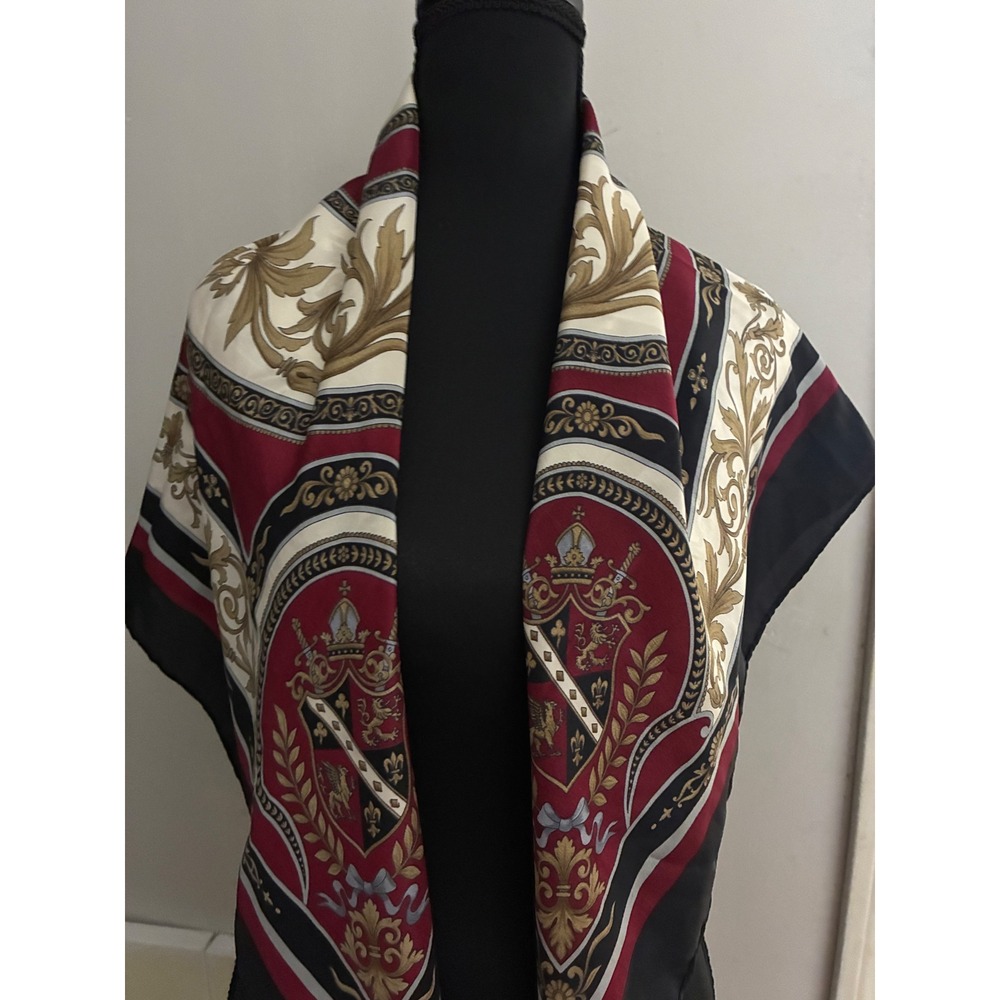 Square Scarf Women OS Burgundy Black Gold Crest Scrollwork Baroque